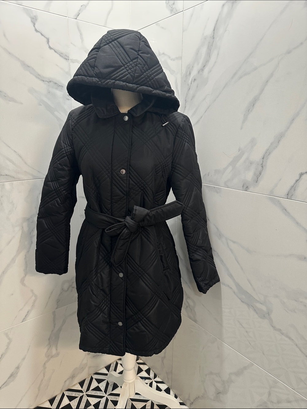 Jones New York Black Quilted Hooded Belted Puffer Coat
